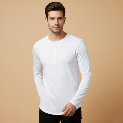 Men's Cotton Henley T-Shirt Casual Button Neck
