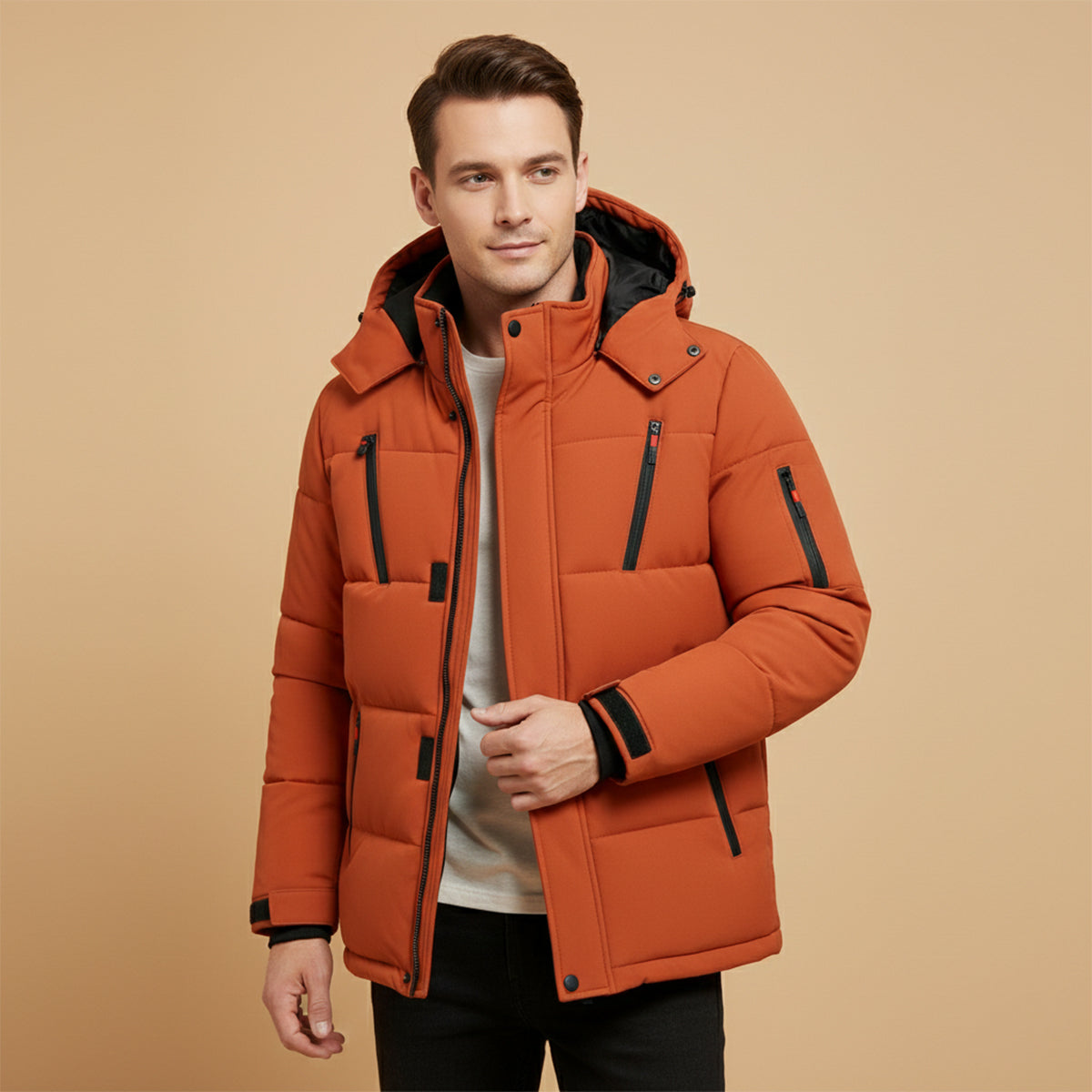 Men's Warm Puffer Coat Hooded Waterproof Zipper Pockets