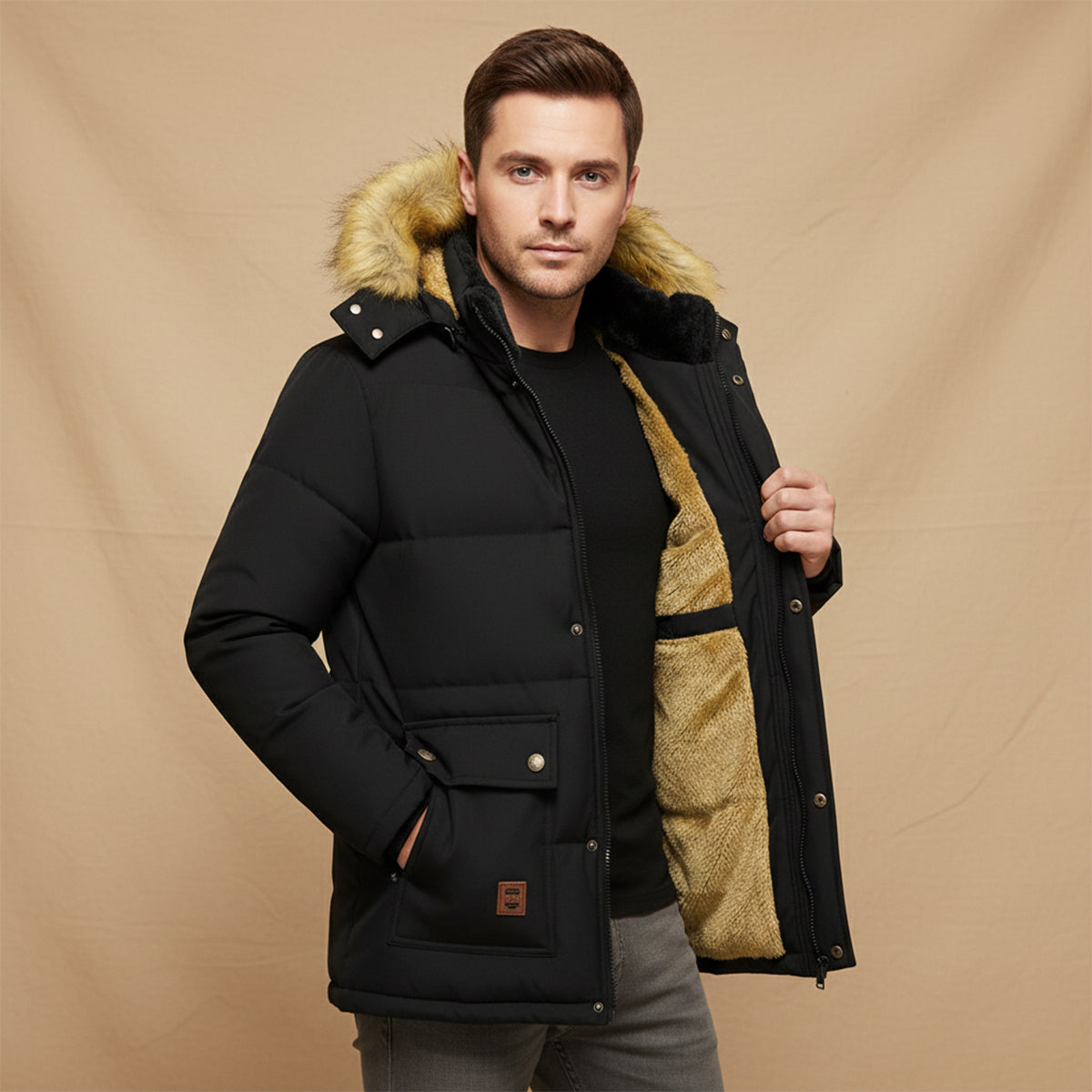 Men's Winter Parka Jacket Fur Collar Warm Hooded