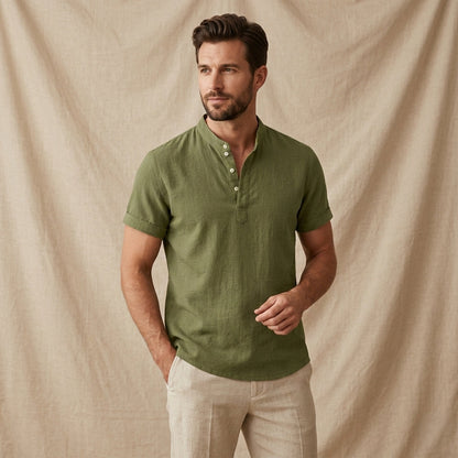 Men's Linen Casual Button Up Shirt Soft Light Beige