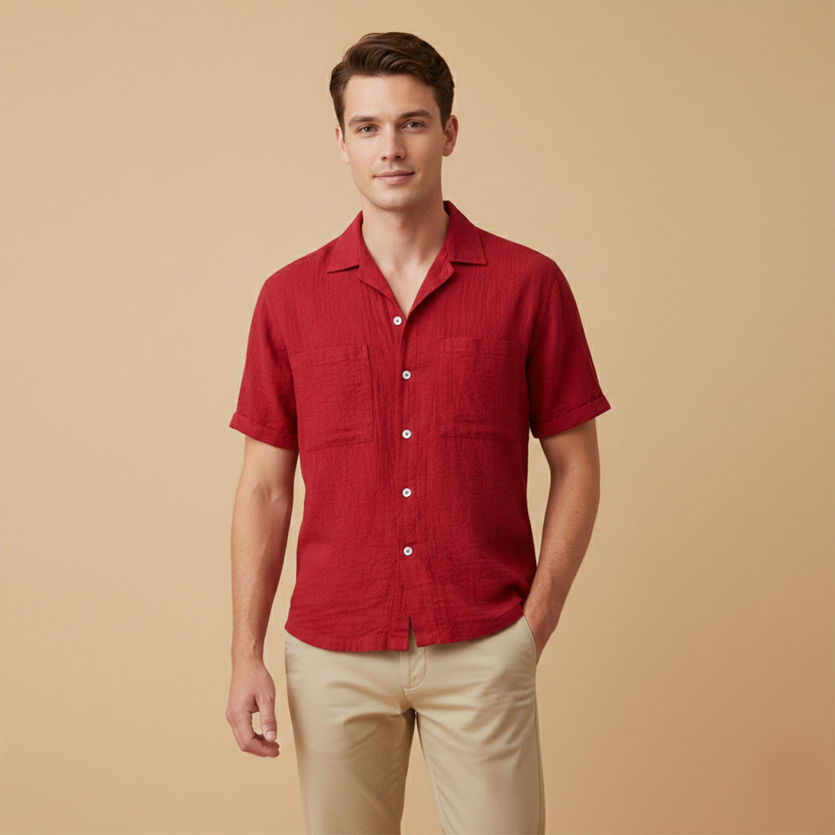 Men's Linen Blend Shirt Relaxed Fit Textured Beige