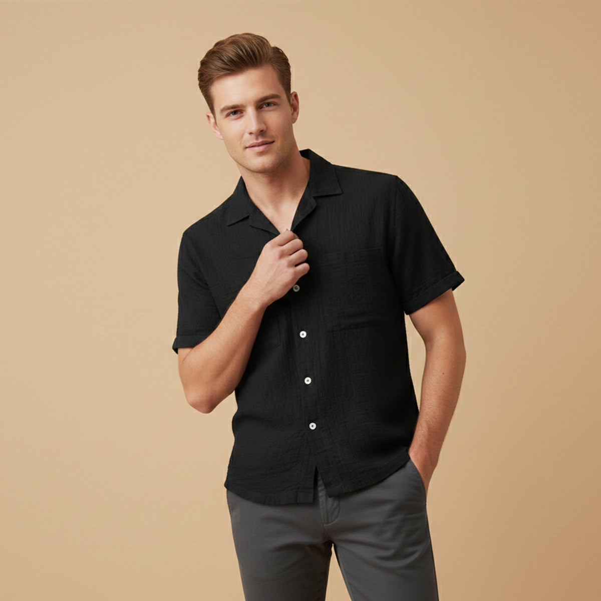 Men's Linen Blend Shirt Relaxed Fit Textured Beige