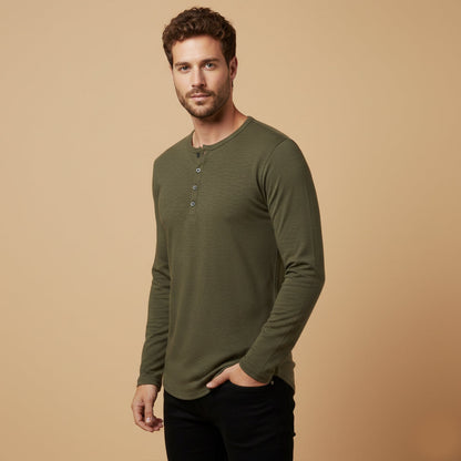 Men's Cotton Henley T-Shirt Casual Button Neck