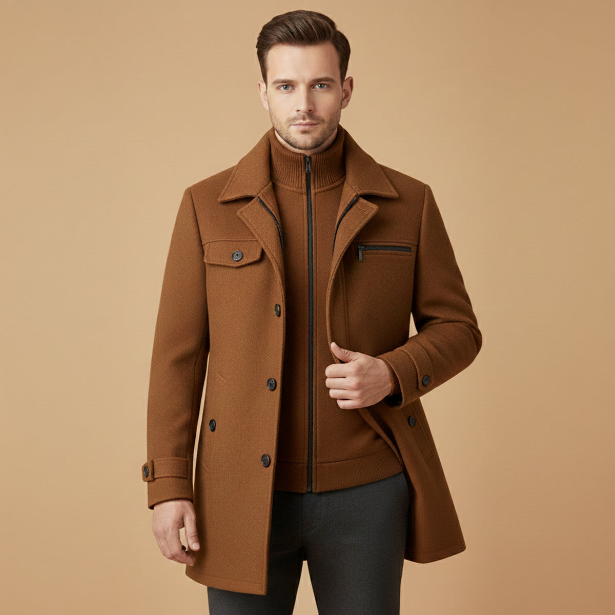 Men's Wool Blend Smart Jacket Zipper Closure
