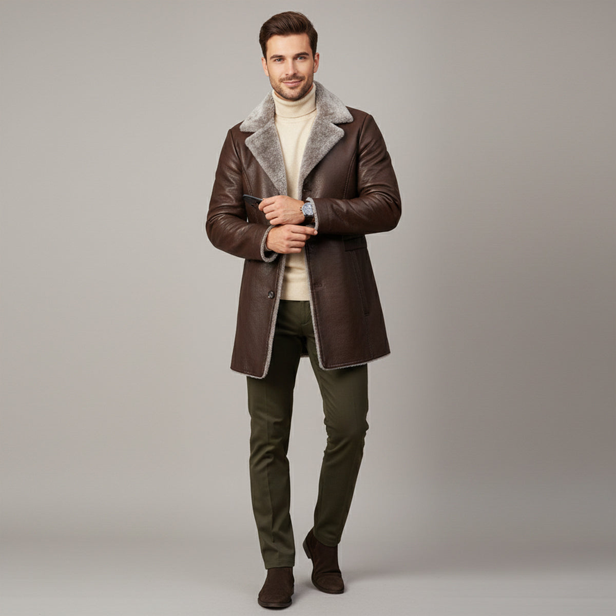 Men's Leather Winter Coat Fur Lined Brown