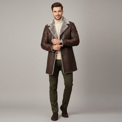 Men's Leather Winter Coat Fur Lined Brown