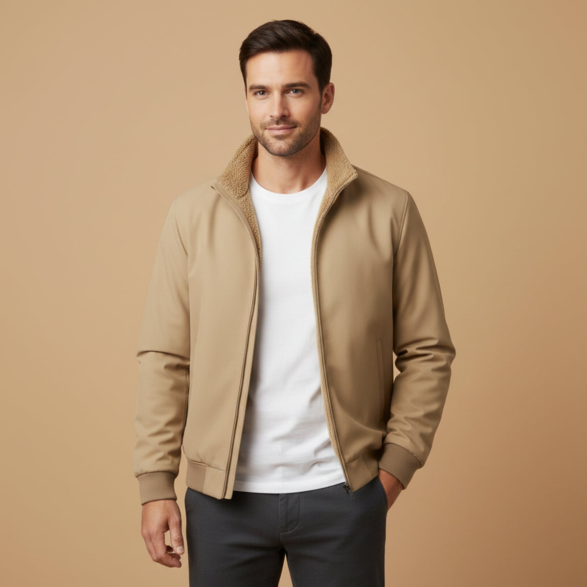 Men's Fleece Lined Windbreaker Jacket Lightweight Multi Pocket
