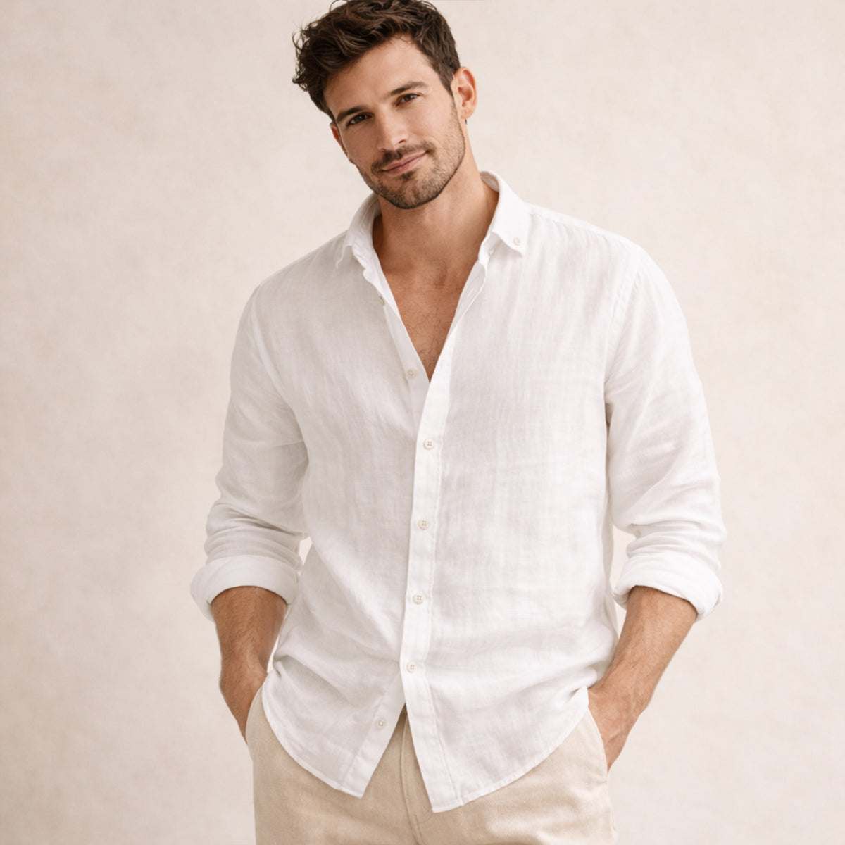 Men's Cotton Linen Button Up Beach Shirt Silver