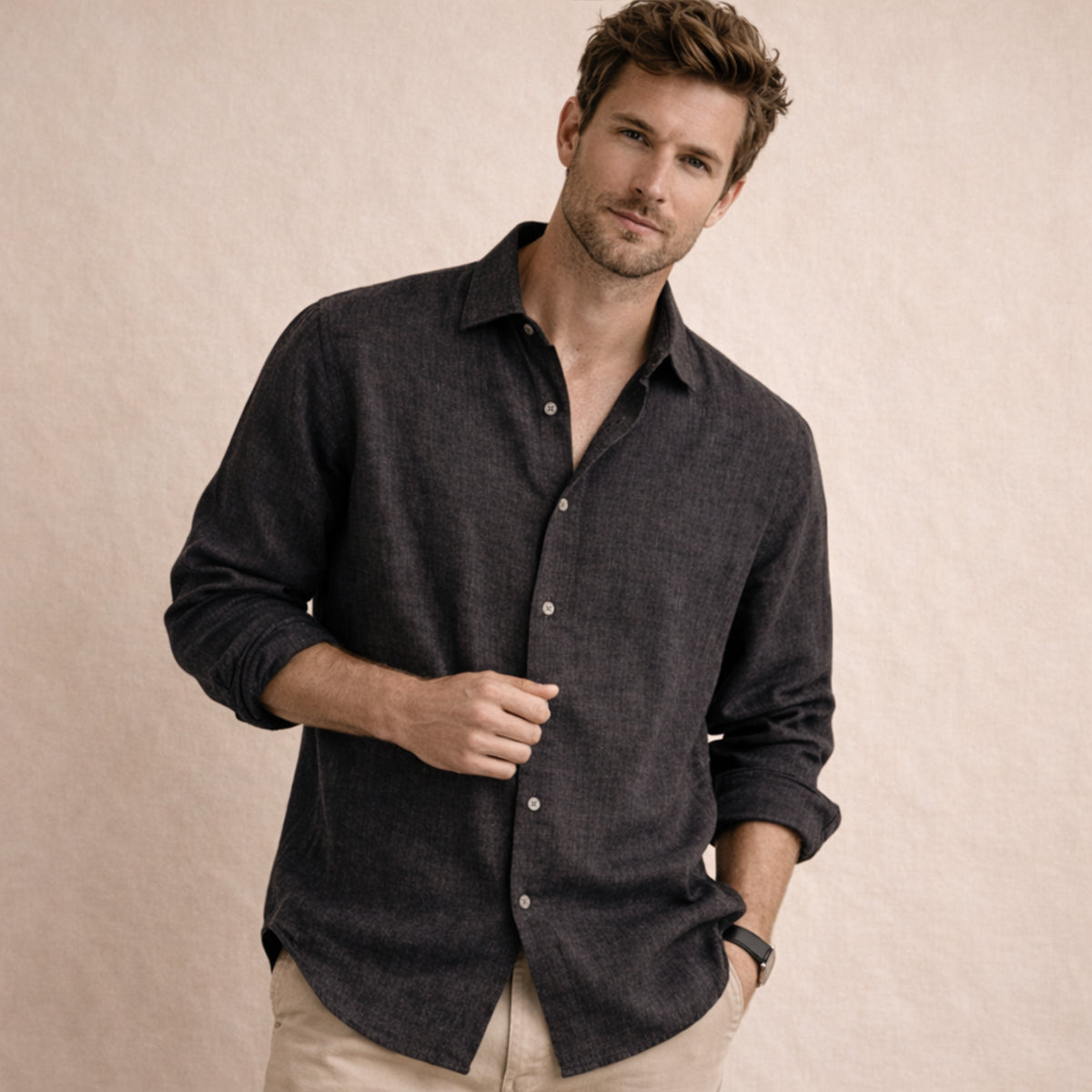 Mens Linen Button Up Shirt Loose Fit Beige