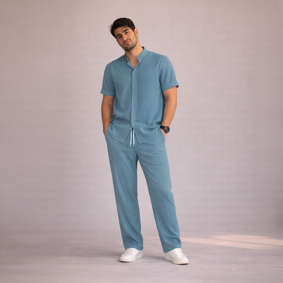 Men's Linen Summer Shirt And Pants Set Soft Beige
