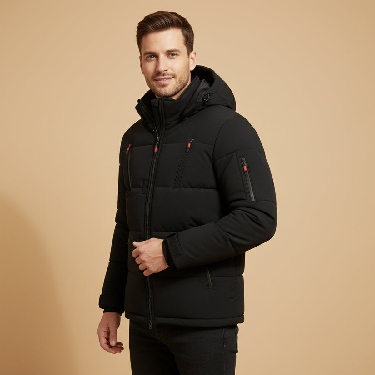 Men's Warm Puffer Coat Hooded Waterproof Zipper Pockets