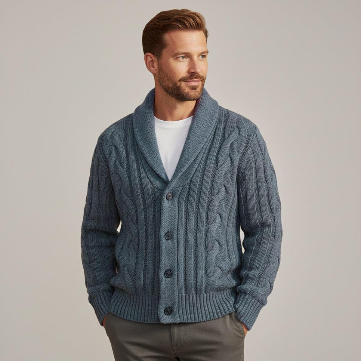 Men's Cable Knit Cardigan Shawl Collar Beige