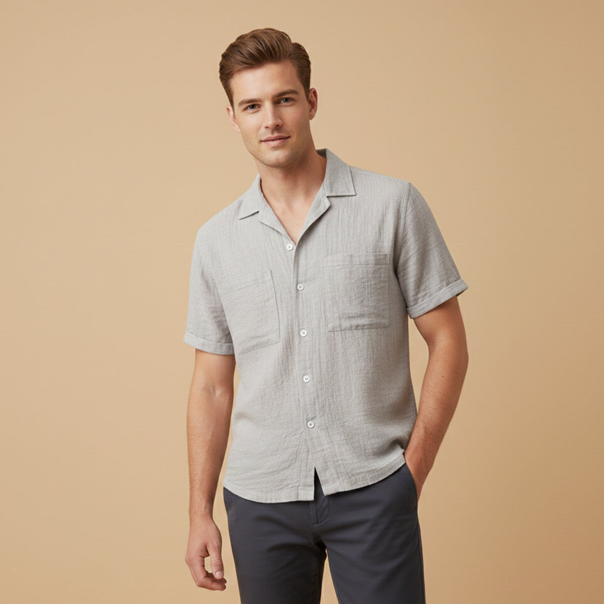 Men's Linen Blend Shirt Relaxed Fit Textured Beige