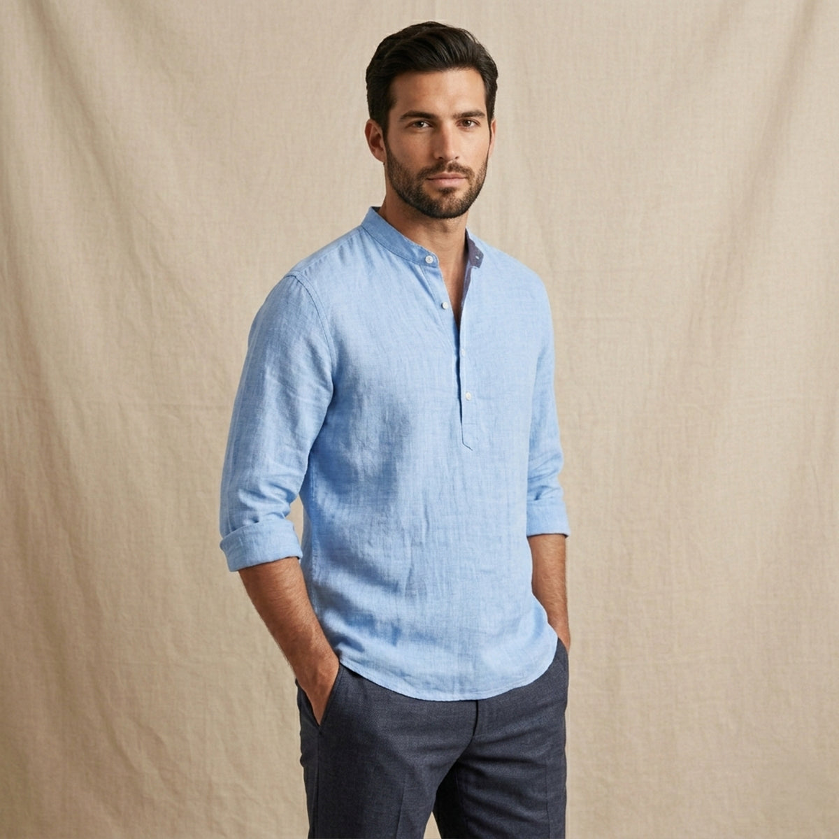Men's Linen Casual Button Up Shirt Breathable Light Blue