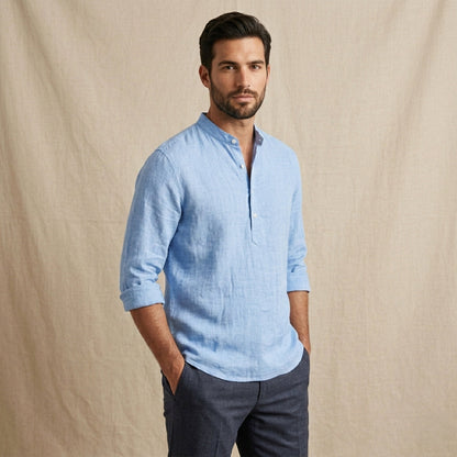 Men's Linen Casual Button Up Shirt Breathable Light Blue