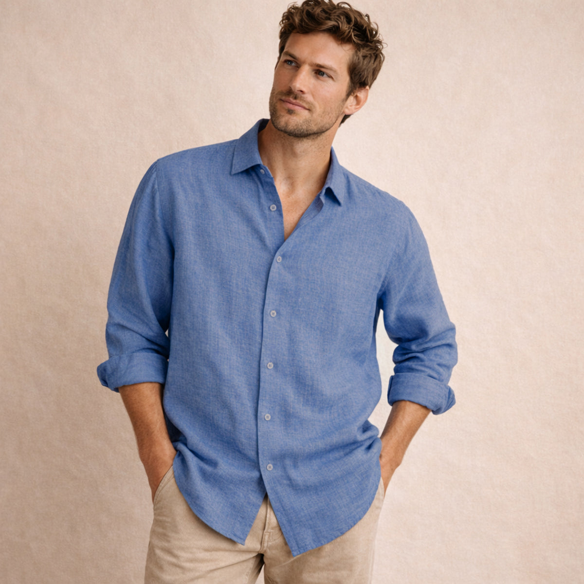 Mens Linen Button Up Shirt Loose Fit Beige