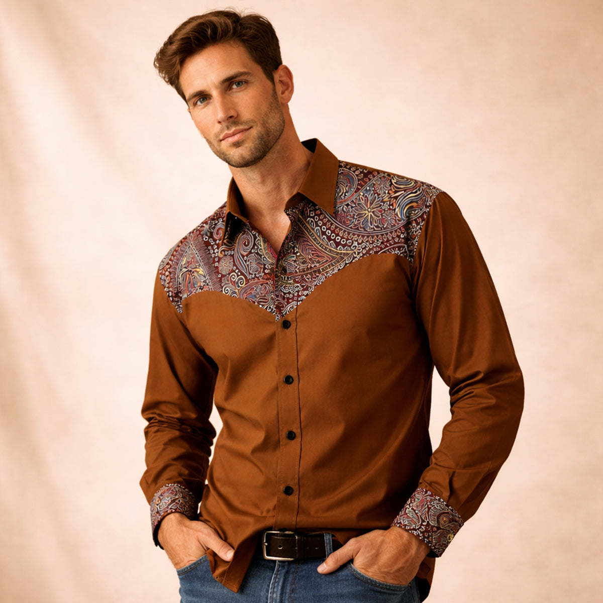 Men's Western Denim Shirt Lightweight Two Tone Blue