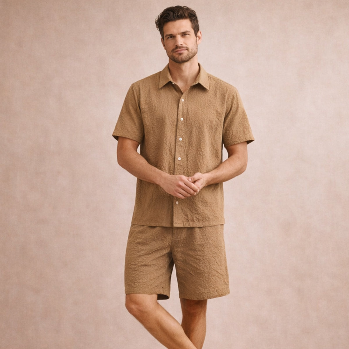 Men's Summer Shirt And Shorts Set Textured