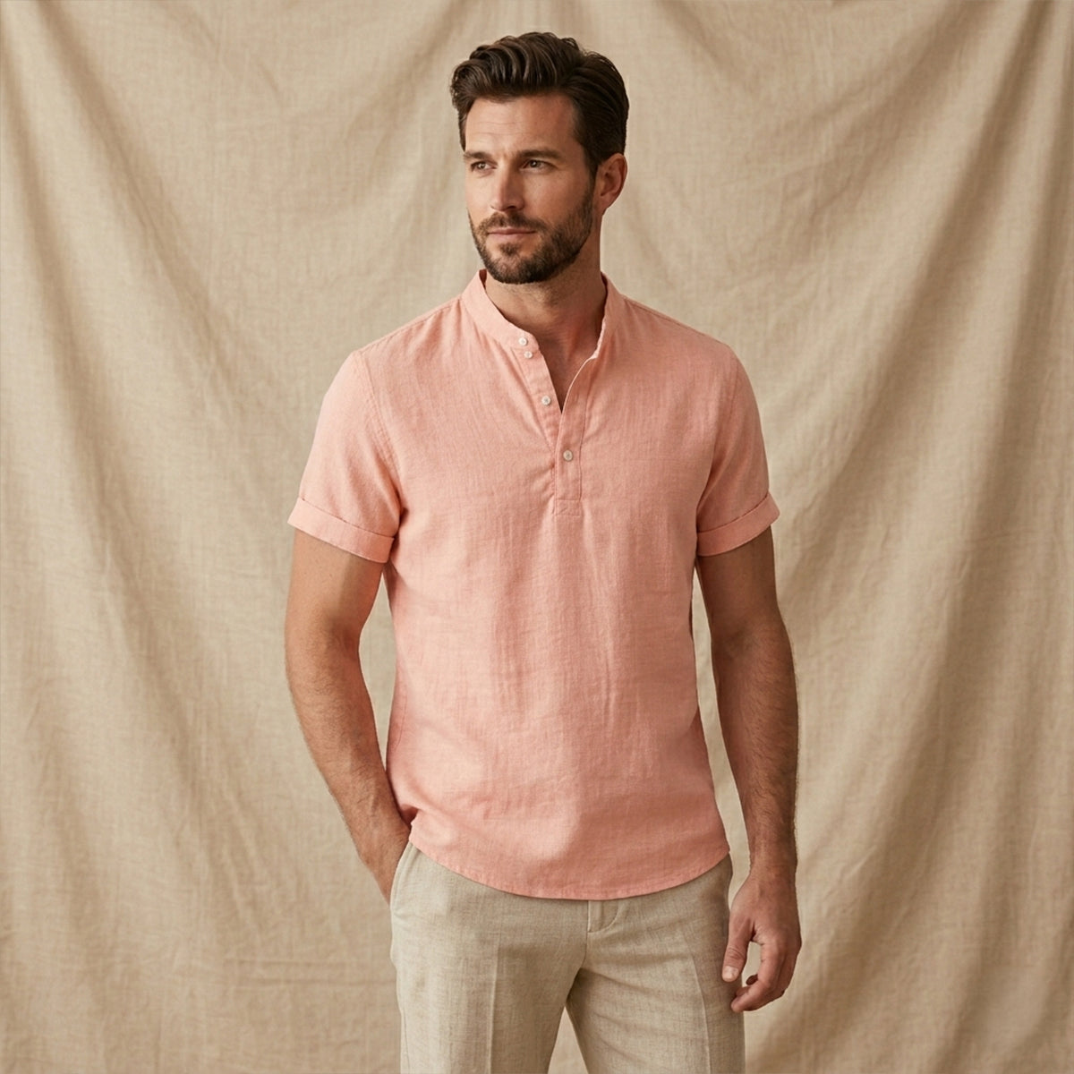 Men's Linen Casual Button Up Shirt Soft Light Beige