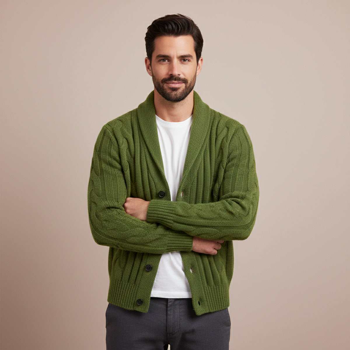 Men's Cable Knit Cardigan Shawl Collar Beige