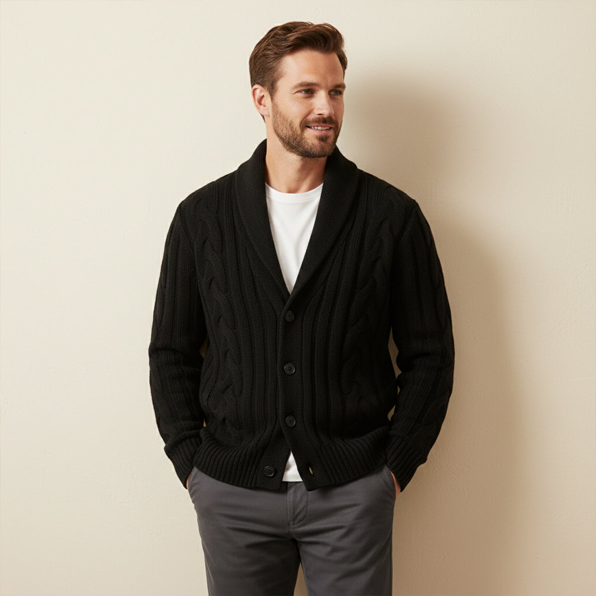 Men's Cable Knit Cardigan Shawl Collar Beige