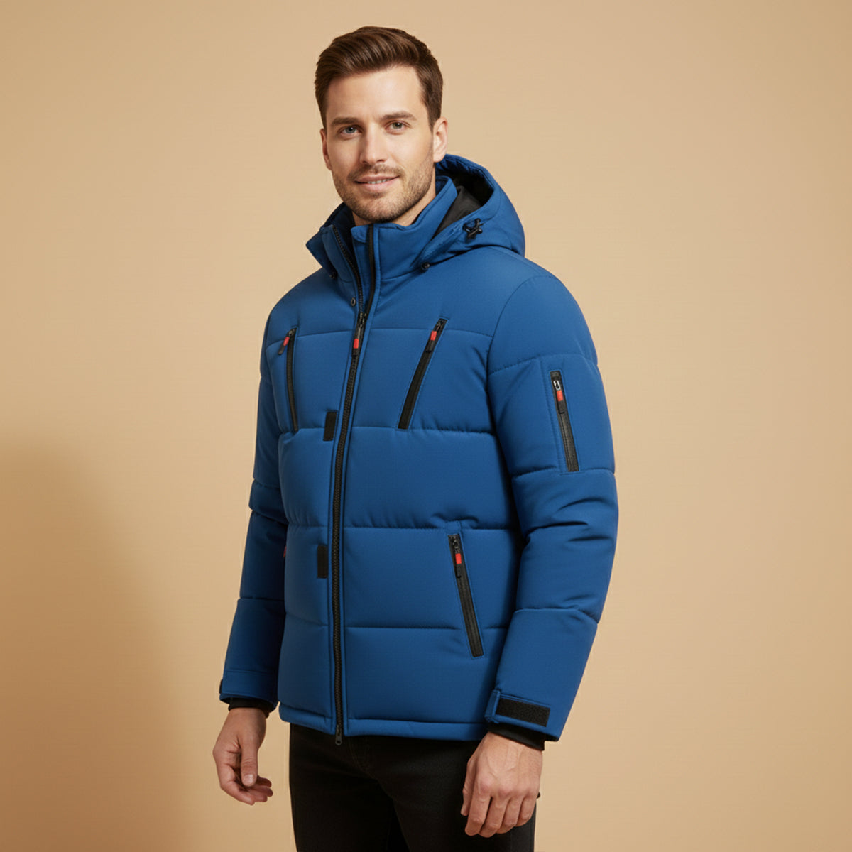 Men's Warm Puffer Coat Hooded Waterproof Zipper Pockets