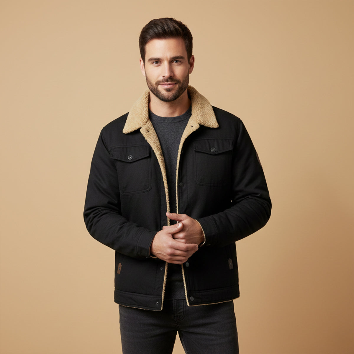 Men's Sherpa Lined Bomber Jacket Shearling Collar