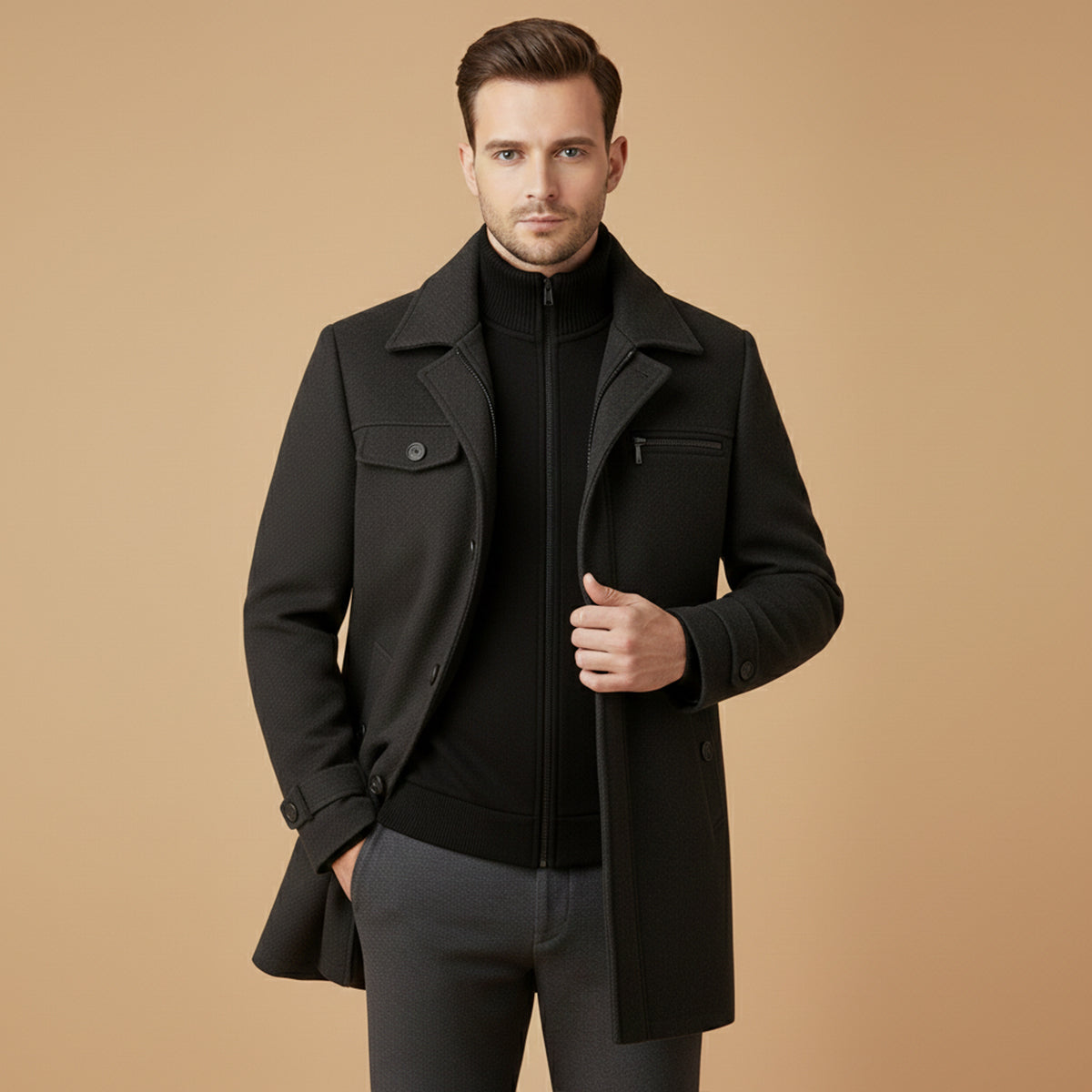 Men's Wool Blend Smart Jacket Zipper Closure