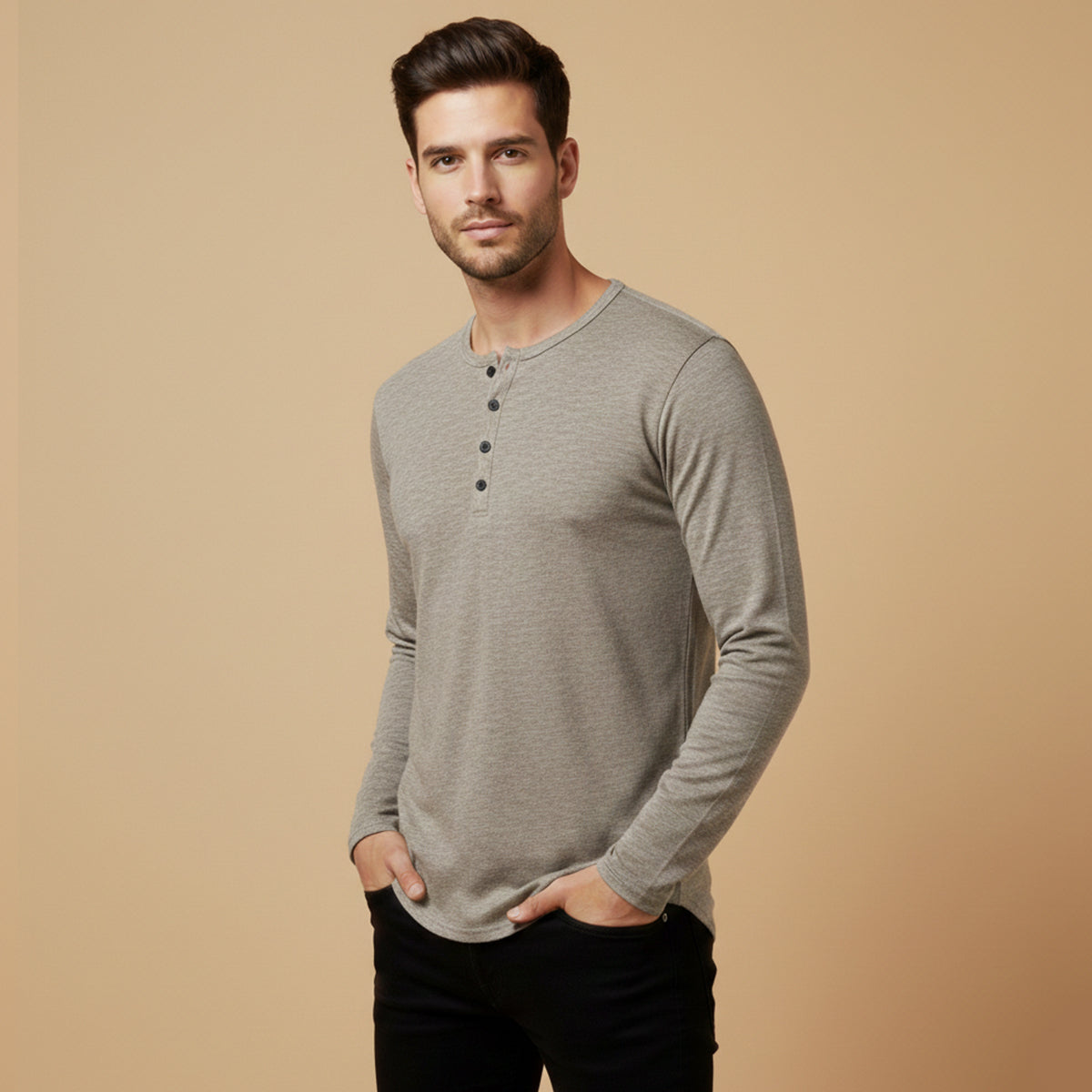 Men's Cotton Henley T-Shirt Casual Button Neck