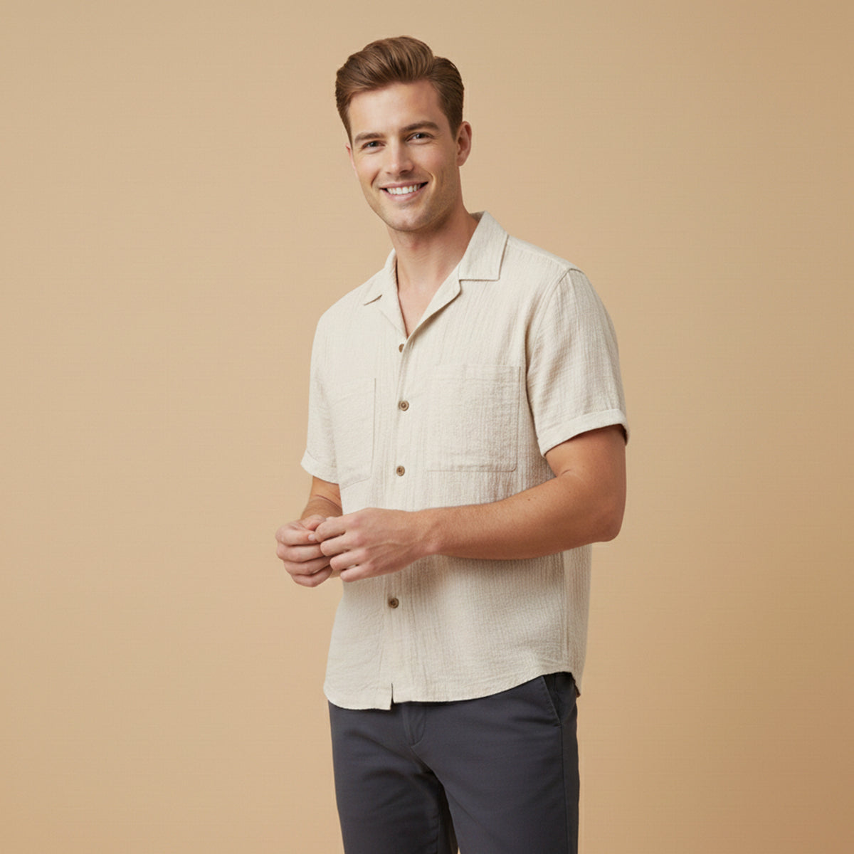 Men's Linen Blend Shirt Relaxed Fit Textured Beige