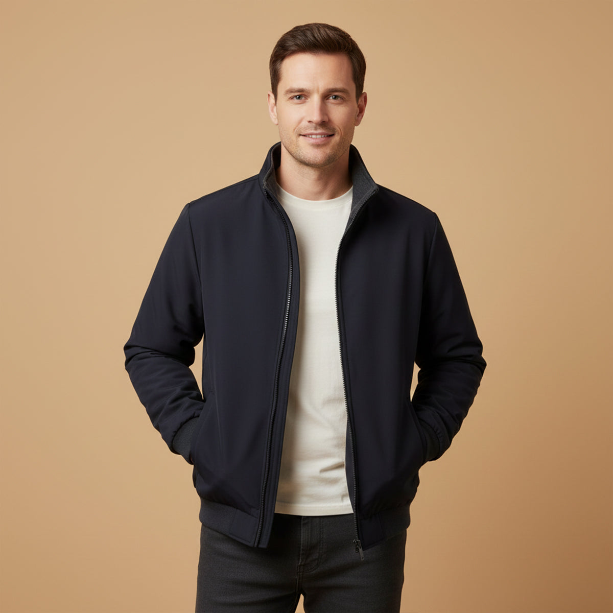Men's Fleece Lined Windbreaker Jacket Lightweight Multi Pocket