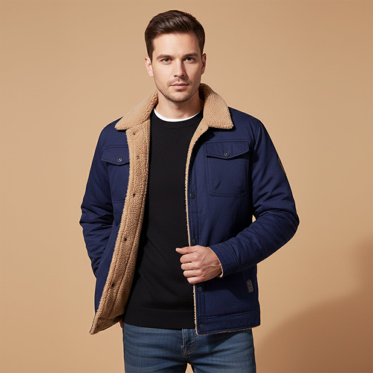 Men's Sherpa Lined Bomber Jacket Shearling Collar