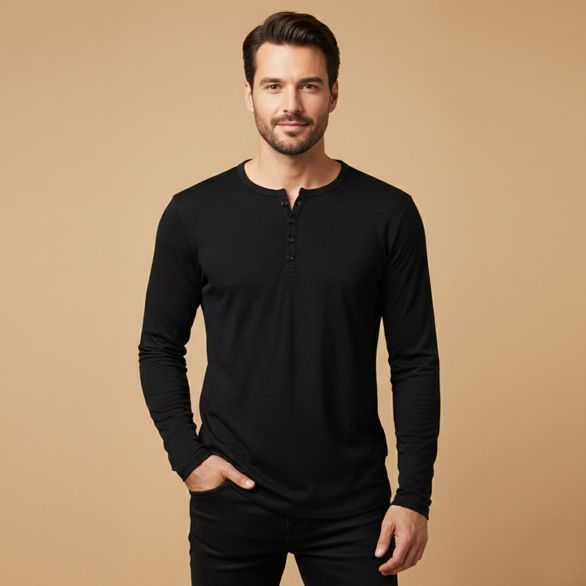 Men's Cotton Henley T-Shirt Casual Button Neck