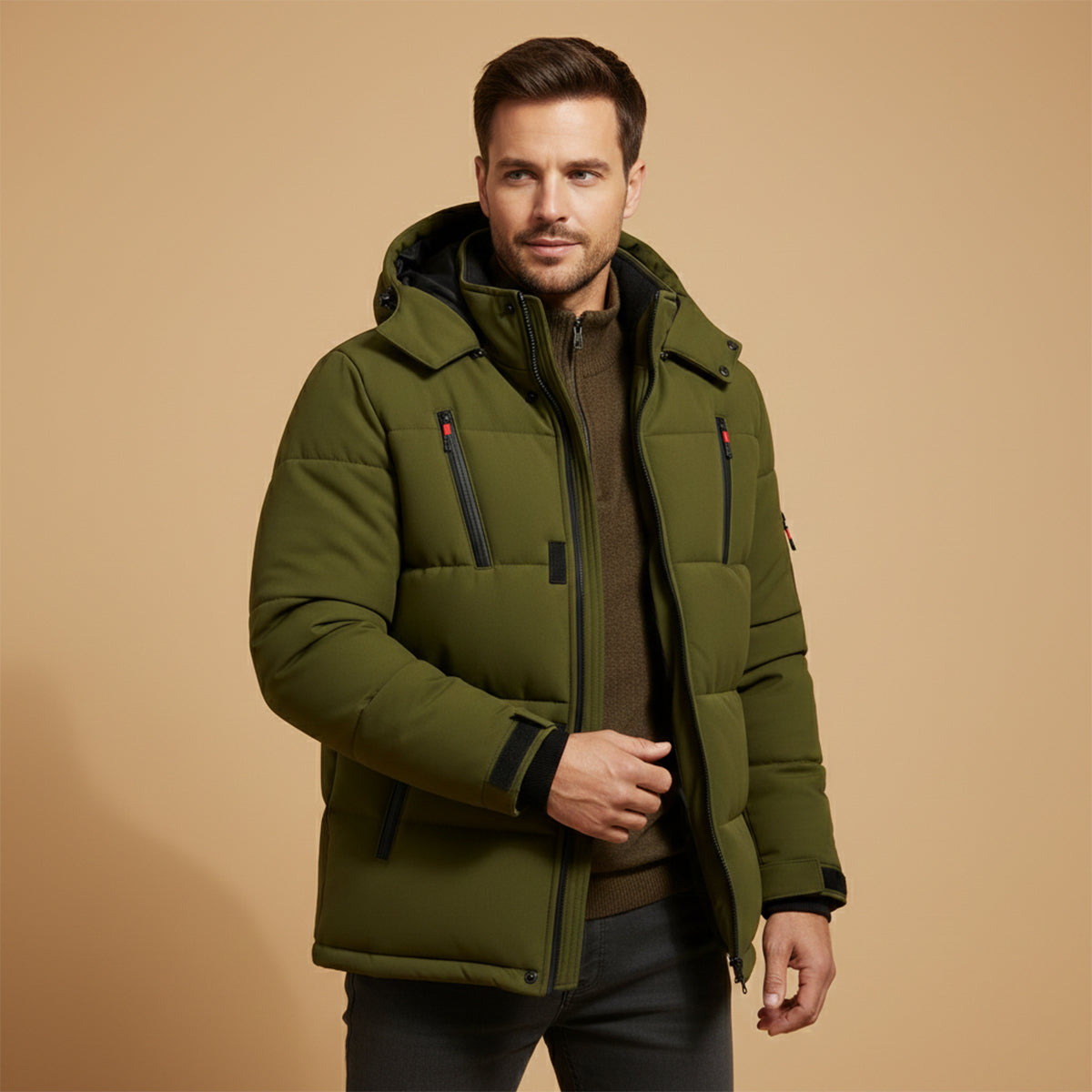 Men's Warm Puffer Coat Hooded Waterproof Zipper Pockets