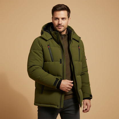 Men's Warm Puffer Coat Hooded Waterproof Zipper Pockets