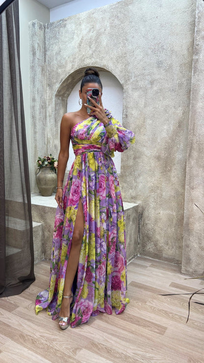 Image of Sabrina | Women's One Shoulder Floral Maxi Dress
