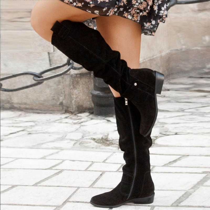 Women's Knee-High Boots Low Heel Side Zip Black
