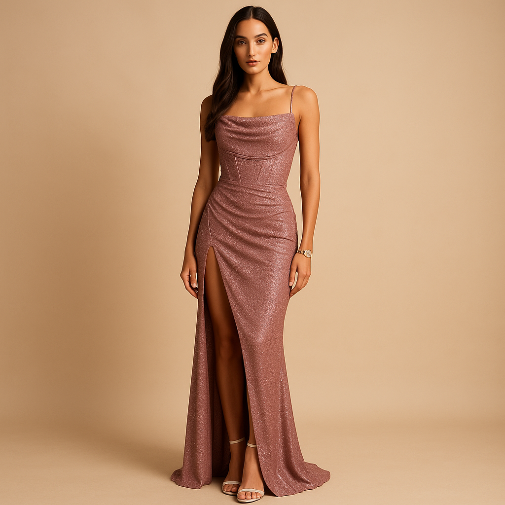 Women’s satin corset dress with high slit and fitted silhouette, perfect for weddings, galas, and elegant evening occasions.