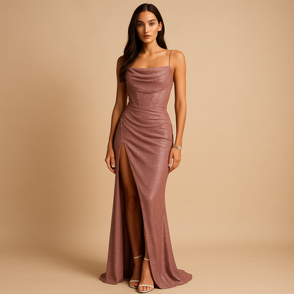 Women’s satin corset dress with a structured bodice and high slit, perfect for weddings, galas, and formal evening events.