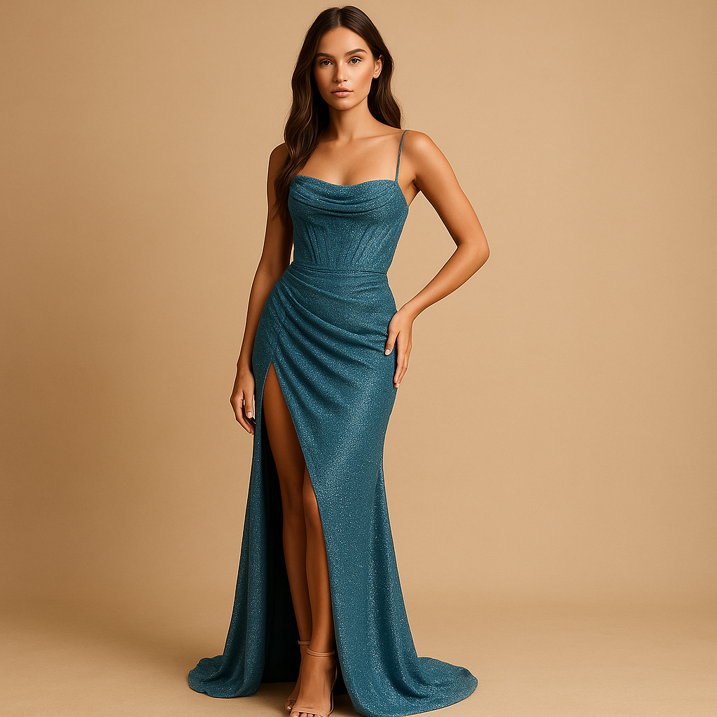 Women’s satin corset dress with a structured bodice and high slit, perfect for weddings, galas, and formal evening events.