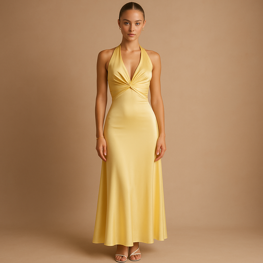 Women’s satin halter neck evening dress with fitted bodice and elegant maxi length, perfect for weddings, gala events and formal occasions.
