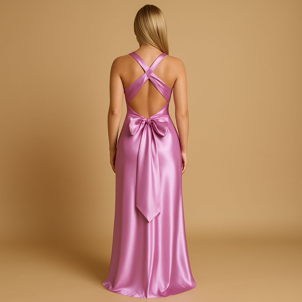 Women’s satin halter neck evening dress with a fitted silhouette, perfect for weddings, formal events, and elegant evening occasions.