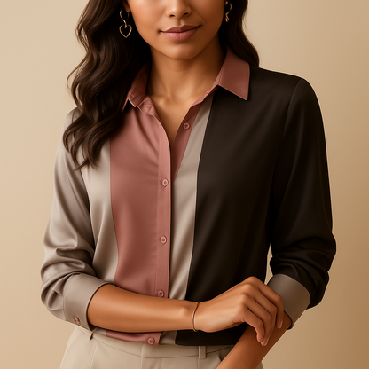 Women's Satin Blouse Collar Patchwork Stripe - Vonnera