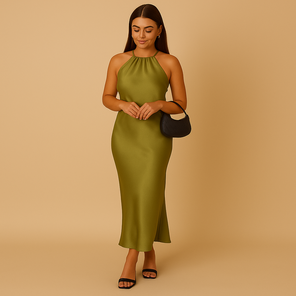 Women’s green satin wrap dress with long sleeves and elegant silhouette, perfect for weddings, evening parties, and formal occasions.