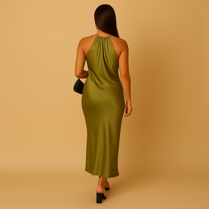 Women’s green satin wrap dress with long sleeves and elegant silhouette, perfect for weddings, evening parties, and formal occasions.