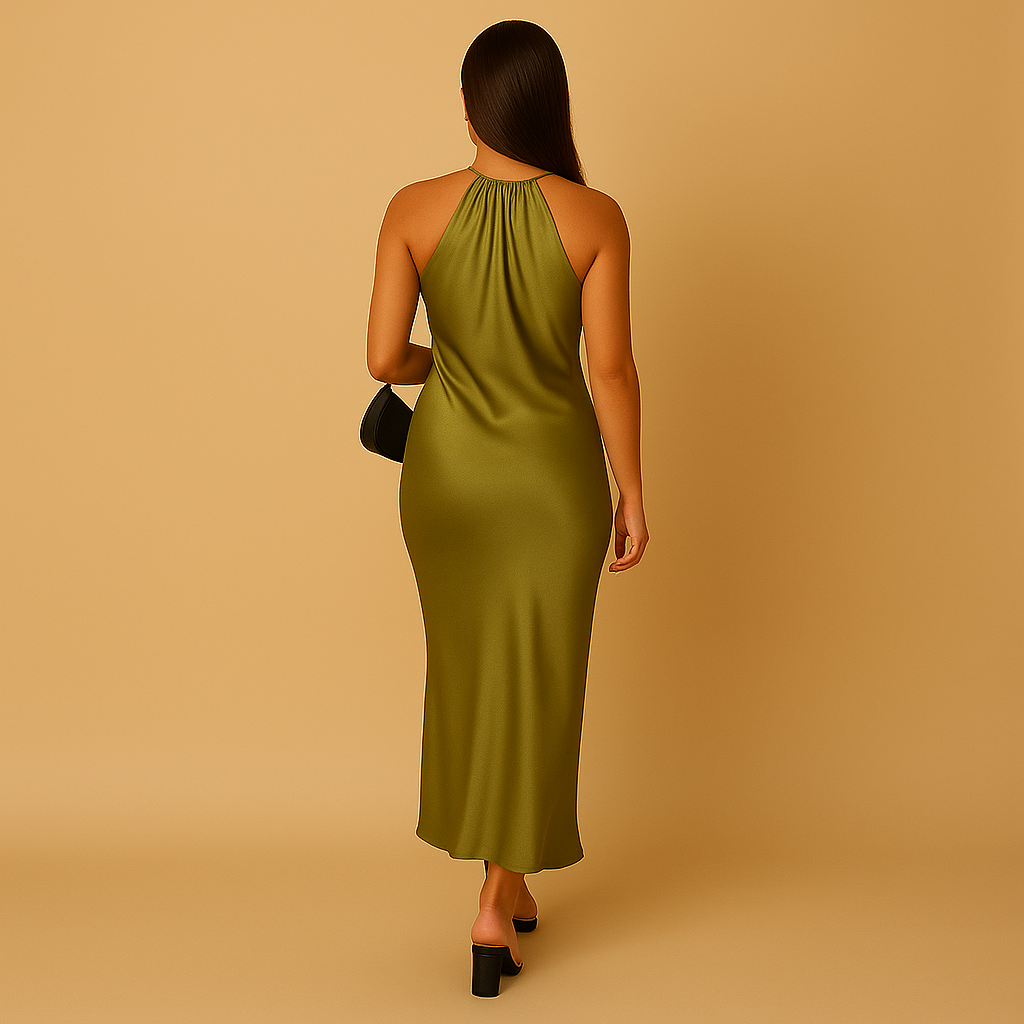 Women’s satin wrap long sleeve dress in green with an elegant fit, perfect for weddings, parties, and special occasions.