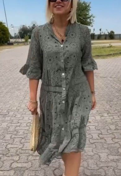 Women's Casual Midi Dress Button Front Short Sleeves