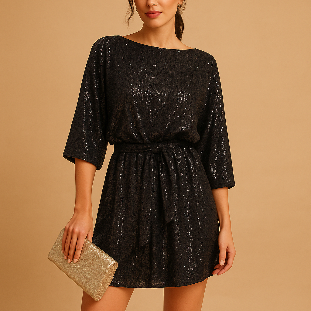 Women’s sequin party dress with ruffle details and flattering fit, perfect for galas, parties, celebrations, and elegant evening occasions.