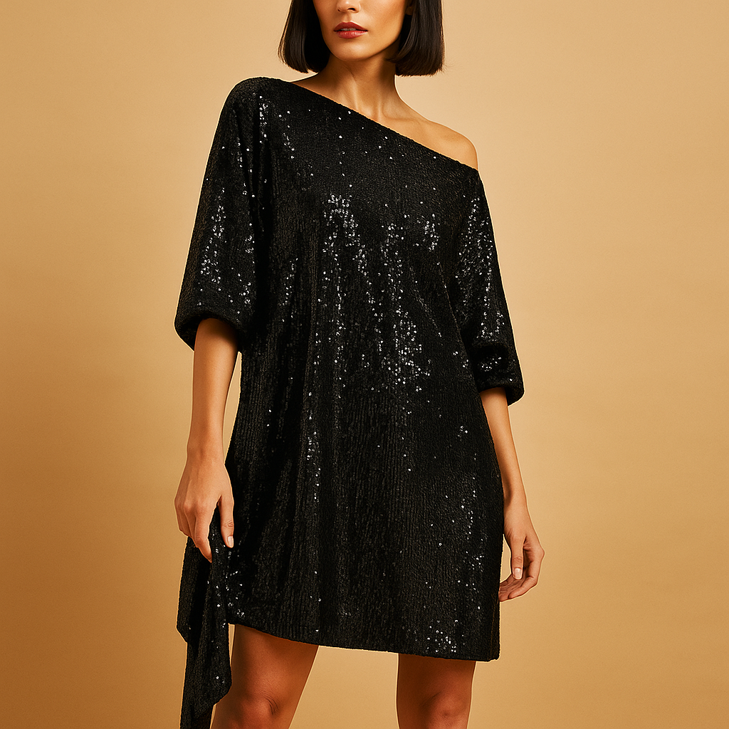 Women’s sequin party dress with ruffle details and flattering fit, perfect for galas, parties, celebrations, and elegant evening occasions.
