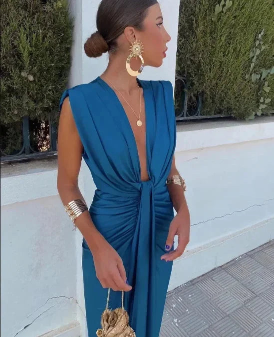Women's V-Neck Maxi Dress Pleated